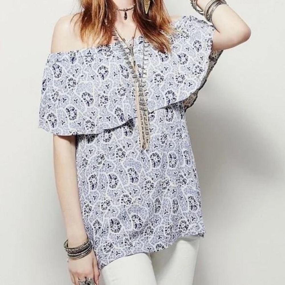 Free People Blue Indie Festival Floral Cold Shoulder Ruffle Mini Dress Large NWT